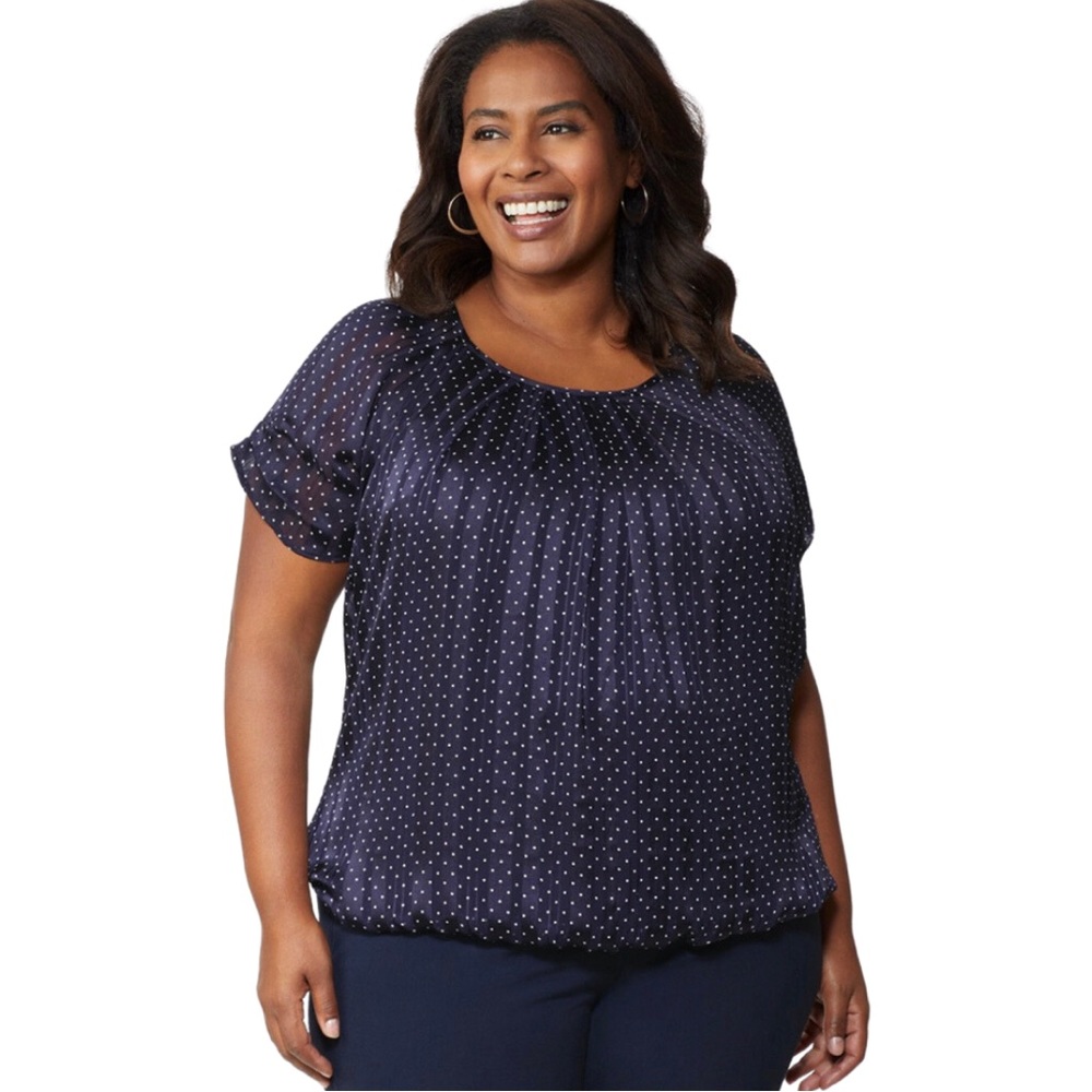 DressBarn Women's Navy/White Roz & Ali Navy Dot Bubble Hem Blouse